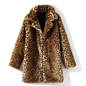 Faux Fur Coat for Women Leopard Print Long Winter Outerwear